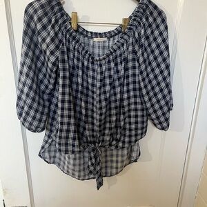 Mai Tai Plaid Peasant Blouse Navy & White Tie Front Boho Top-Size Medium EUC